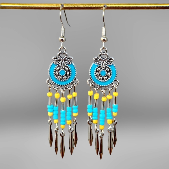 Boheme Jewelry - Ava Sphere Boho Earrings Dangle Blue Retro Bohemian Stainless Steel